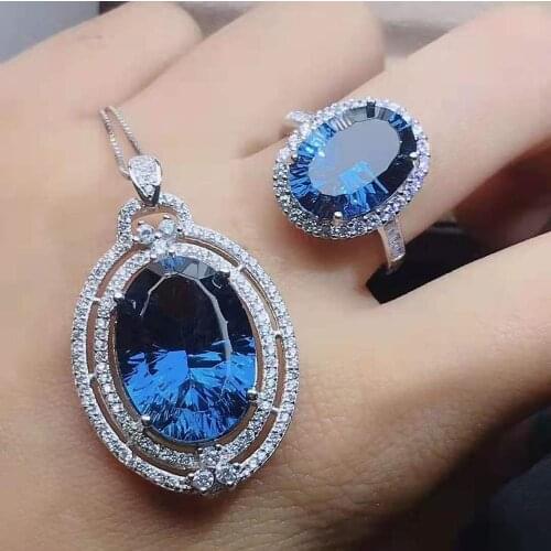 High-quality Large Parti Blue Topaz S925 Ring Necklace Set is Elegant and Delicate Fine Fashion Wedding and Parties