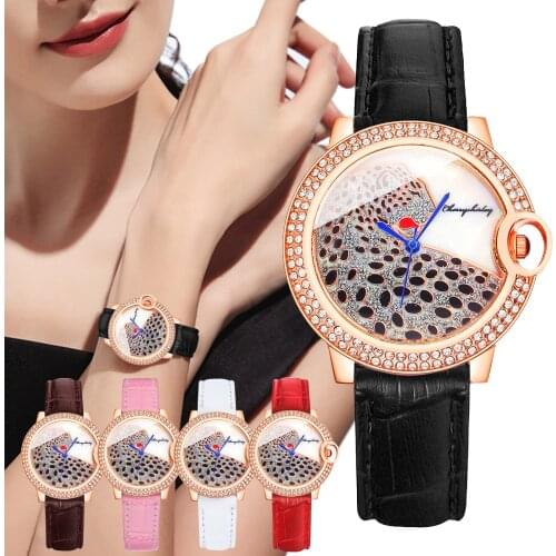 Ladies Exquisite Luxury Leopard Rhinestone Watches Women Leather Strap Quartz Wristwatches Clock Gifts Zegarek Damski