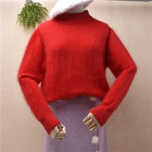 Ladies women fashion christmas short style crop top angora rabbit fur Fall winter knitwear striped loose pullover jumper sweater