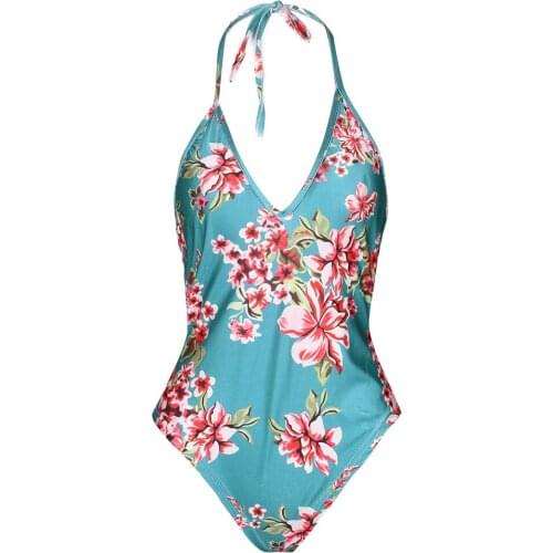 Vintage Women One Piece Swimsuit Sexy Halter Push-up Padded Floral Printed Backless Swimwear Trikini Bodysuit Monokini C1511