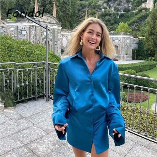 Foridol Long Sleeve Button Up Shirt Satin Dress Blue Autumn Party Short Dress Vestidos Office Ladies Dress Robe 2021