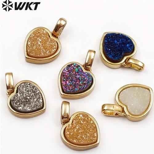 WT-P1415 WKT Lovely girl jewelry colorful natural stone pendant heart shape mini pendant with gold metal electroplated 10pcs/lot