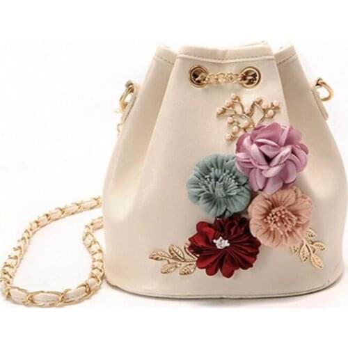 2021 Handmade Flowers Bucket Bags Mini Shoulder Bags With Chain Drawstring Small Cross Body Bags Pearl Bags Leaves Decals