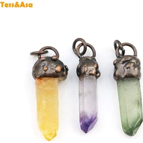 3pcs Natural Crystal Reiki Heal Pendant Citrine Green Fluorite Amethyst Column Charm Quartz Pendant Necklace Jewelry Making Gift