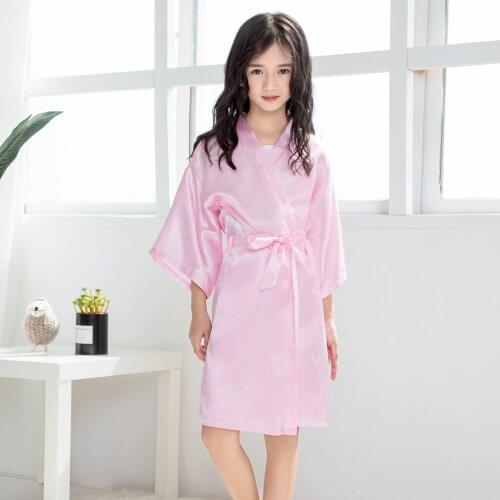 TELOTUNY Baby Kids Girls Solid Color Silk Satin Kimono Robes Bathrobe Long Sleeve Lace Up Comfort Nightgown Sleepwear Clothes
