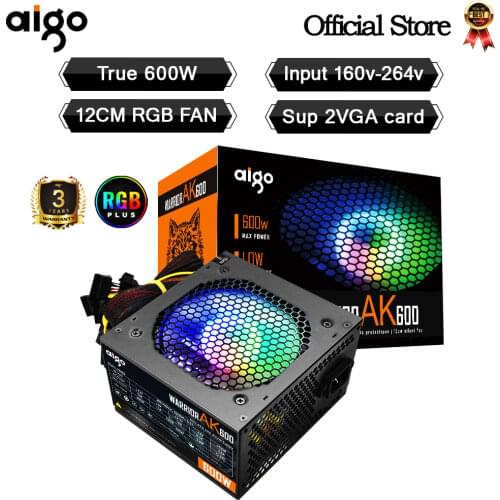Aigo AK 600W PC PSU Power Supply unit 80plus Black Gaming Quiet 120mm rgb Fan 24pin 12V ATX Desktop computer Power Supply BTC