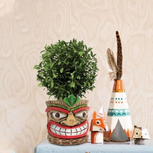 Tiki Planter Pot Home Garden Whimsical Plant Pot Totem Decorative Round Statue Flowerpot For Indoor Outdoor Home (No Plants )