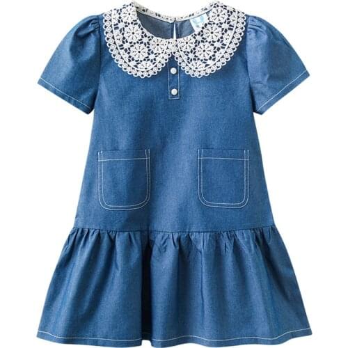 Teen Girls Denim Dress for Kids 2021 New Children Summer Clothes Lace Neck Buttons Ruffles Jean Pocket Dress,#6036