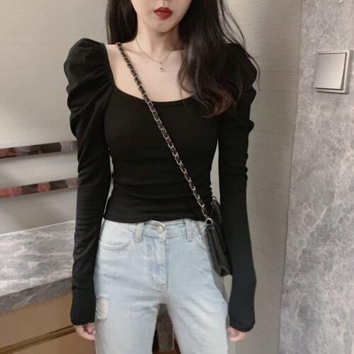 Elegant Long Sleeve Slim All Match Tshirts Summer New Korean Female Clothing Fashion Casual Square Collar Top Tee Shirt Femme