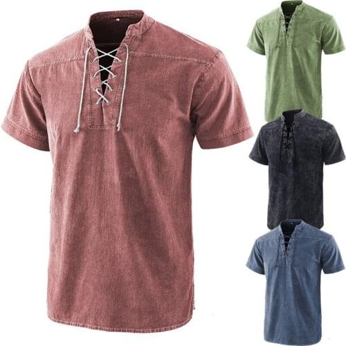 Medieval Henley Collar T Shirt Men Straps Deep V Neck Men T-shirt Streetwear Top Funny T Shirts Summer Tee Shirt