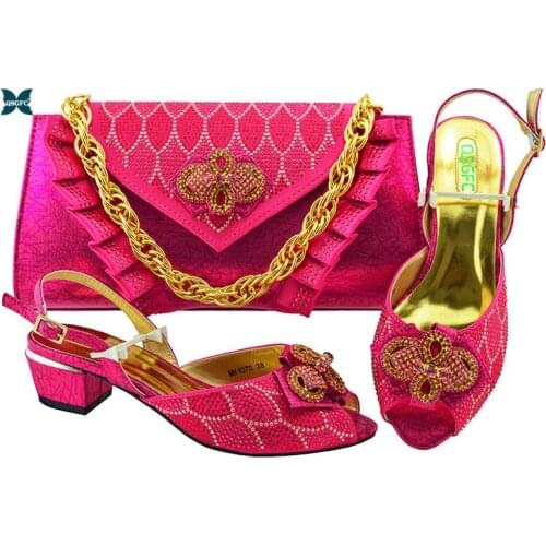 2020 Autumn Style Ladies Italian design Shoe and Bag Set Fuchsia Color Shoe with Match Bag Set in Low Heel for Party