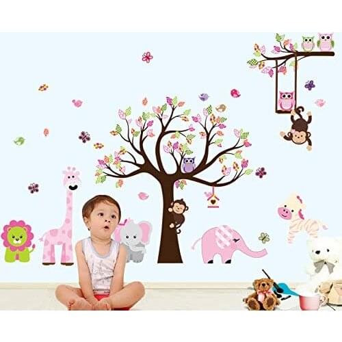 Owl Animal Wall Stickers Monkey Jungle Zoo Tree Nursery Baby Kids Room Decal Art