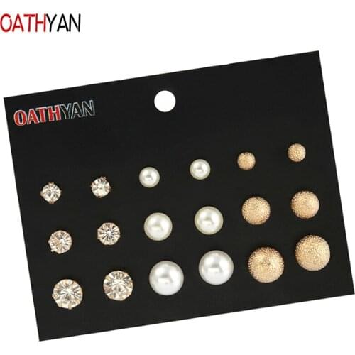 OATHYAN 9 Pairs/Set Fashion Crystal Rhinestone Stud Earrings Sets Mix For Women Gifts Metal Ball White Simulated Pearl Earring