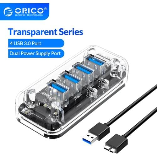 ORICO Transparent Series USB HUB 7 4 Port USB 3.0 Splitter with Dual Power Supply Port For Desktop Laptop Computer Accessories