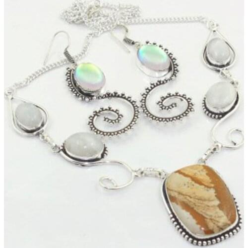 Picture Jaspers & Rainbow Moonstone & Rainbow Topas Necklace + Earings Silver Overlay over Copper, 53 cm, N3358