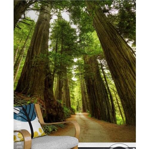 The custom 3D murals,beautiful quiet green forest towering trees ,living room sofa TV wall bedroom wall paper