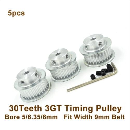 POWGE 5pcs 30 Teeth 3GT Timing Pulley Bore 5/6.35/8mm Fit Width 9mm GT3 Timing Belt 30T 30Teeth GT3 Timing Pulley 3D Printer