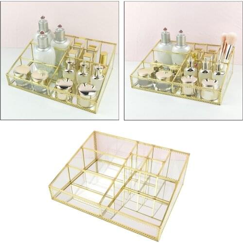 Luxury Glass Box Clear Glass Gold Tone Metal Jewelry Storage Case Cosmetic Makeup Lipstick Holder Organizer 9 Compartments