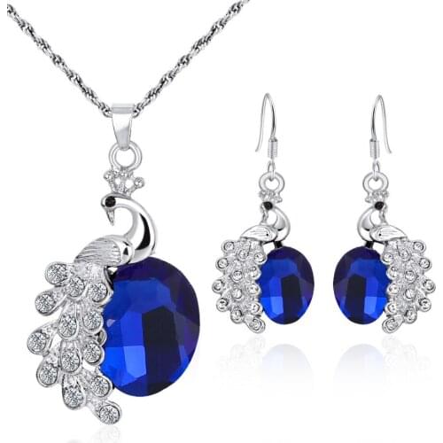 Earring Necklace Jewelry sets peafowl shape with color crystal Water drop pendant silver plated metal chain