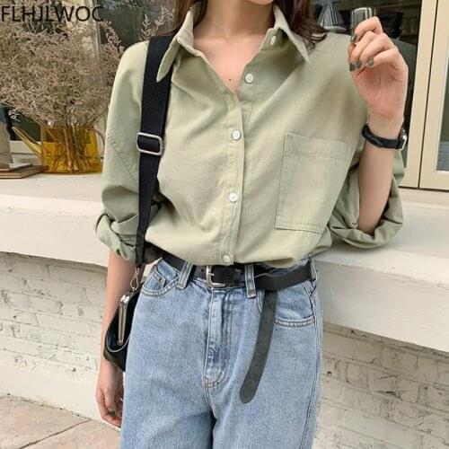 Chic Korea Tops Blusas Fashion Women High Street Outerwear Cardigan Elegant Solid Green Single Breasted Button Boyfriend Shirts