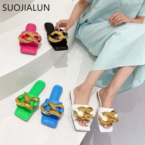 SUOJIALUN Fashion Brand Slipper New Big Chain Buckle Summer Beach Slides Ladies Casual Outdoor Home Slipper Open Toe Flip Flop