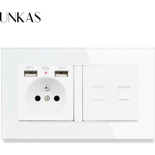 UNKAS Glass Panel French Standard Socket with 2 USB Charge Port + RJ45 Internet Jack and RJ11 2 Core Telephone Connector