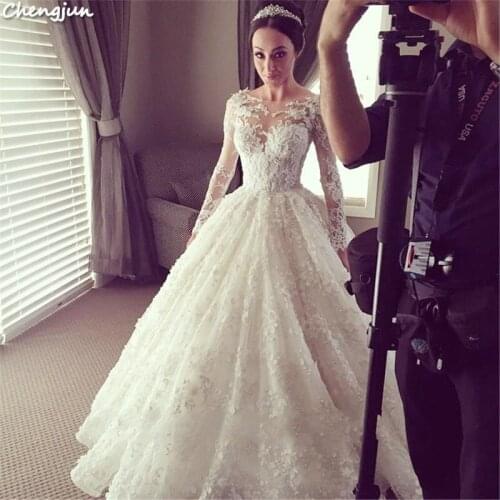 Chengjun Vintage Ivory Flowers Long Sleeve Wedding Dress Ball Gown