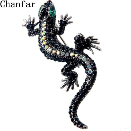 Chanfar Vintage Crystal Paved Gecko Brooches Lizard Animal Brooch Pins For Women Men Dress Hat Jewelry