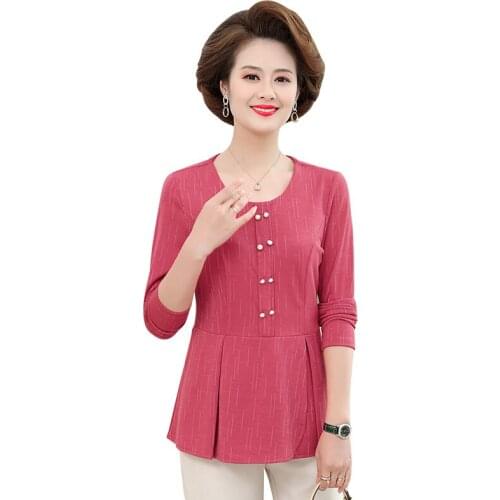 Women T-shirt Long Sleeve Casual Slim O-Neck Slim Tops Pearl Buttons Tee Shirts Femme 2021 Fashion Autumn Spring Pullovers 5XL