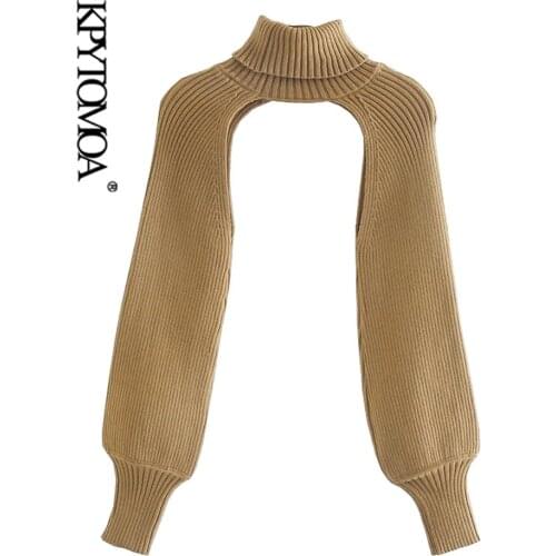 KPYTOMOA Women 2020 Fashion Arm Warmers Knitted Sweater Vintage Turtleneck Long Sleeve Female Pullovers Chic Tops