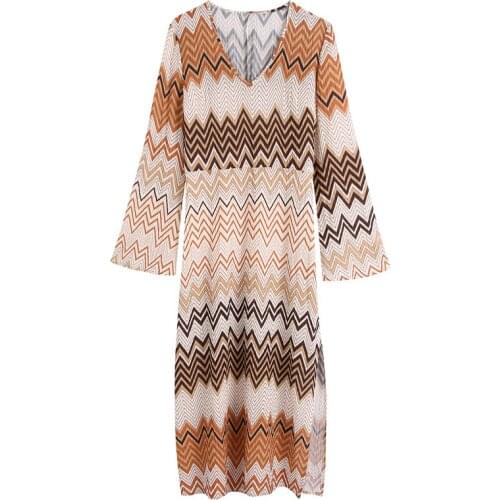 2021 Women Vintage Geometric Print Long Party Dress Elegant Flare Sleeve Long Beach Dress Sexy V-Neck midi Summer Dresses