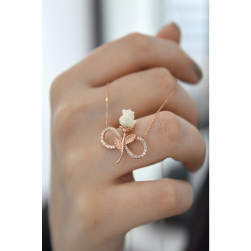 Elika Silver Women 'S White Rose Infinity Model 925 Sterling Silver Necklace