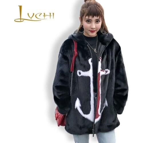 LVCHI Women Winter Real Fur Coats 2019 Midi Black Fashion Mink Coat Female Thick Pattern Natural Fur Overcoats Young Women Coat
