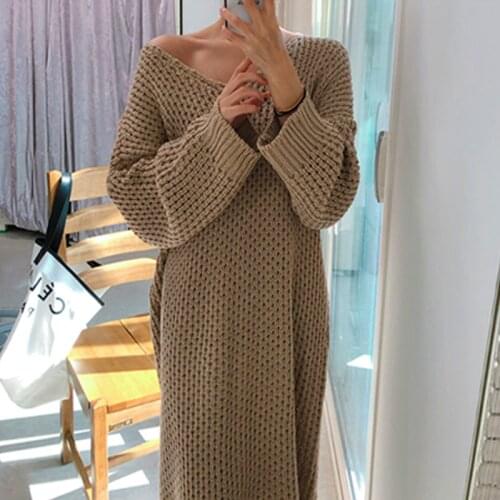 Women Autumn V Neck Casual Oversize Long Knitting Sweater Dress 2021 Batwing Sleeve Maxi Jumper Pullover Dresses