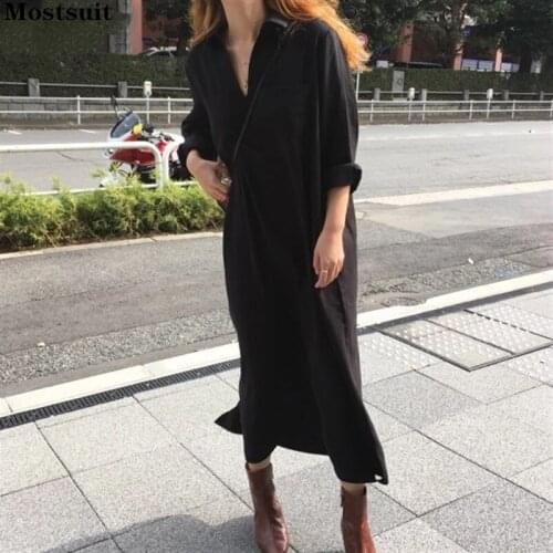Spring Autumn Vintage Elegant Long Black Dress Women Sashes Pockets V-neck Loose Dresses Korean 2021 Vestido Mujer