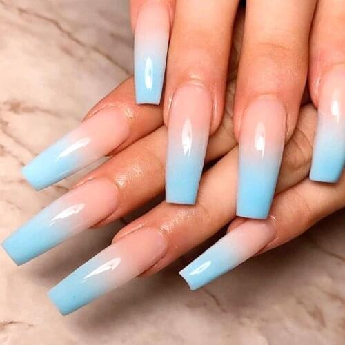 24pcs/Set European Acrylic Ballet Nails Extra Long Blue Gradient Nail Accessories False Nails with Glue Beauty Full Nail Art Tip
