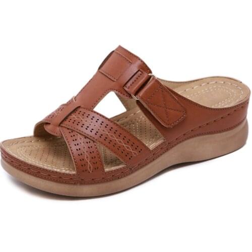 2021 Summer Women Premium Orthopedic Open Toe Sandals Vintage Anti-slip Breathable Leather Casual Female Platform Retro Shoes