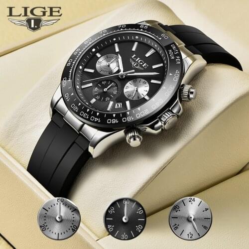 LIGE Top Brand Luxury Sports Men Quartz Wristwatch Mens Watches Silicone Strap Waterproof Watch For Men Relogio Masculino+Box