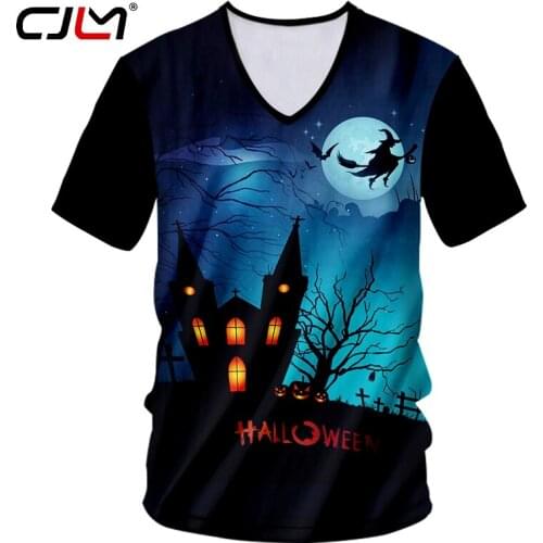 CJLM Halloween Funny Broom Witches Mens V Neck Tshirt 3D Hoodies Man Castles Tee Shirt Printed Creative Pattern Unisex Clothes