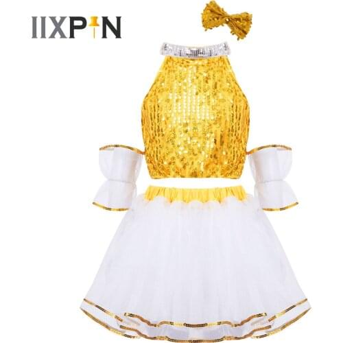 Kids Girls Hip-hop Jazz Dancewear Sequin Glitter Crop Top Mesh Tutu Skirt Kid Dance Costume with Bowknot Hairpin Bracelet Set