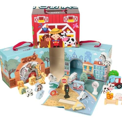 Children Wooden Early Education Cartoon City Animal Farm 3D Stereo Scene Building Blocks Baby Role Playing Animal Theme Set Toys