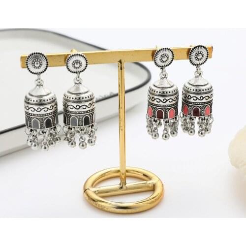 Womens Bollywood Boho Bells Indian Jhumka Earrings Ethnic Retro Oxidized Silver Color Tassel Carved Dangle Earrings For Women