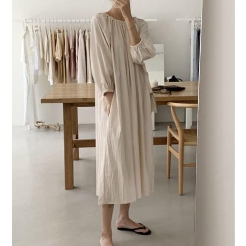 Elegant Solid Shirt Dress Womens Spring Sundress 2021 Casual Lantern Sleeve Maxi Vestidos Female O Neck Robe