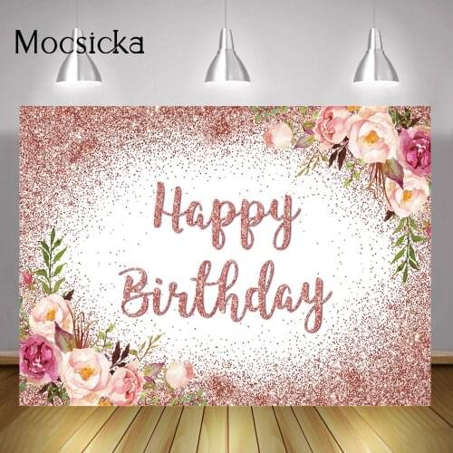 Rose Gold Glitter Happy Birthday Backdrop Floral Flowers Dots Adult Girl Birthday Party Background Decoration Custom Photography