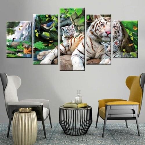 HD Printing 5 Panel Animal King Tiger Canvas Poster Home Decoration Living Room Wall Poster Printing Natural Landscape Pictures