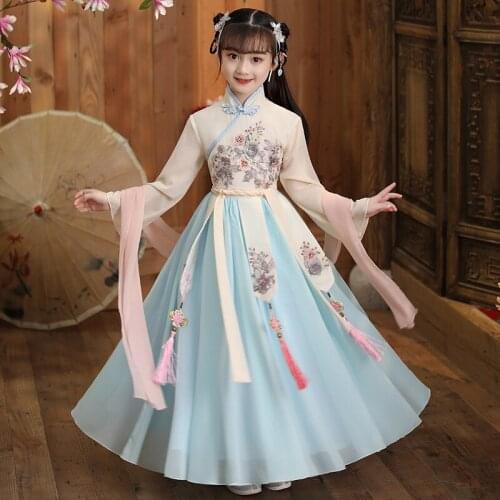 Girls Fairy Costume 2021 Hanfu Children Chinese Style Ancient Long Sleeve Tang Elegant Girl Dress Vestido De Menina Chinesa