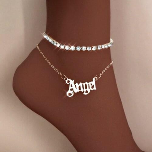 Multi-layer Angel Babygirl Letter Crystal Anklets Bracelet for Women Bling Iced Out Rhinestone Chain Anklet Boho Sandals Jewelry