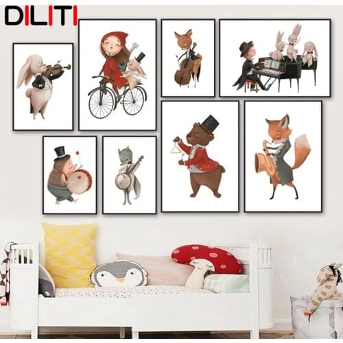 Musician Animals Canvas Painting Rabbit Bear Deer Violin Piano Drum Wall Art Poster Nordic Decor Print Pictures Kids Room