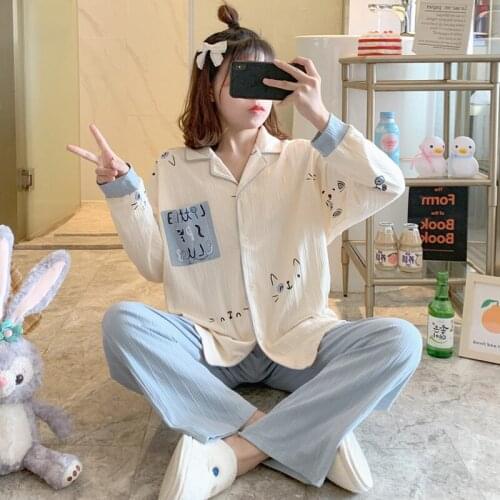 Long Sleeve Pajamas Set For Women Cute Cat Print Tops With Trousers 2 Piece Home Clothes Casual Leisure Wear Cotton Pijama Mujer