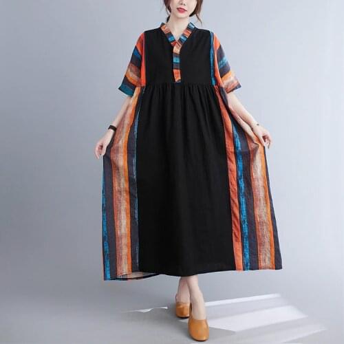 Striped Patchwork Loose Summer Dress Soft Cotton Linen Edible Tree Fungus Fashion Women Dress Plus Size Loose Casual Long Dress